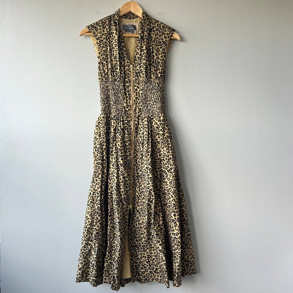 Anthropologie Leopard Print Zip Front Smocked Waist Dress - Picture 2 of 8